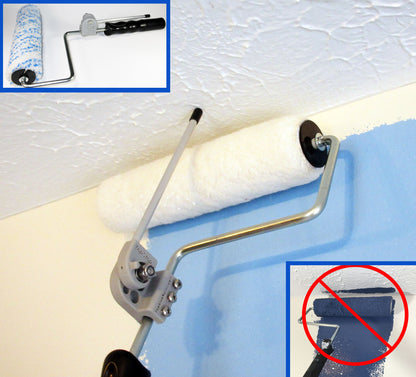 Picture of a paint roller with a close-up of the TopStop Professional Roller Guide and a warning to not paint the ceiling accidentally.